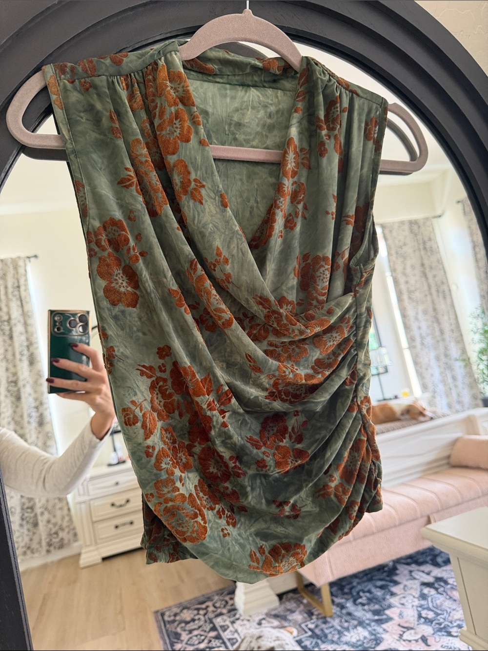 Floral Draped Sleeveless Top - Sage Green with Rust Flowers